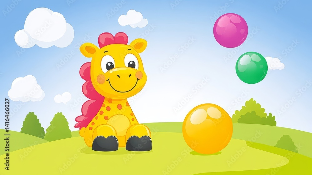 Poster pixelated giraffe character enjoying playful day with colorful bouncy balls on grassy field under a 