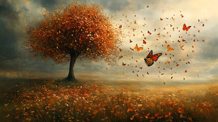 Fototapeta premium Autumnal butterflies dance among fallen leaves around a solitary tree.