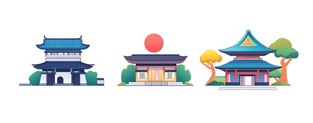 Flat vector illustration of Japan's famous temples and architecture, on a white background