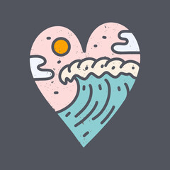 strong wave in summer time in love shape mono line illustration