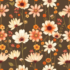 Watercolor Seamless Pattern of Autumn Wildflowers in Soft Natural Tones