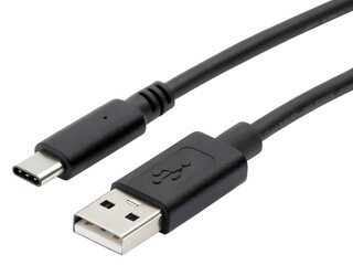 usb cable on white background. Type-c port USB connector replacing type A micro and mini USB. Flat black usb types port plug in cables set with realistic connectors.Usb icon vector sign symbol for des