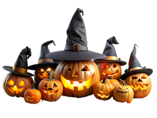 Spooky Halloween Pumpkins with Witch Hats: Festive Jack-o'-lanterns