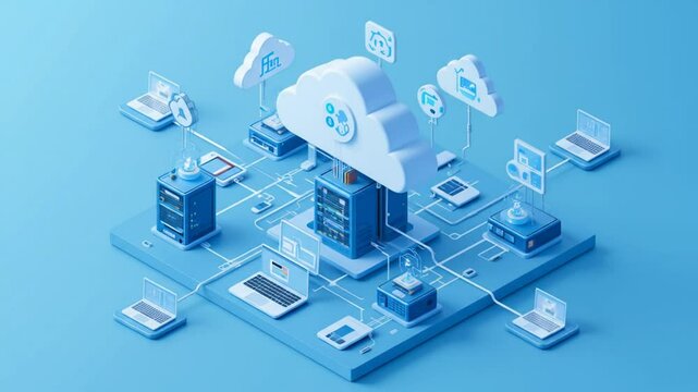 Cloud Computing Network: A 3D Isometric Illustration of Data Centers, Servers, and Connected Devices