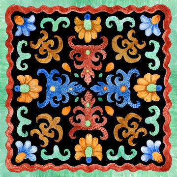 Fototapeta Watercolor painted tile with hand drawn geometrical and floral ornaments isolated on a black background
