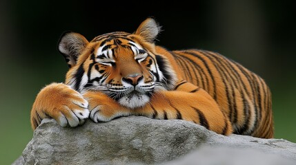 Obraz premium SereneSumatranTigressRestingUponStoneOutcropShowcasingStrikingOrangeBlackStripesContrastingBackgroundWildlifeAnimalConservationMajesticBigCatNature