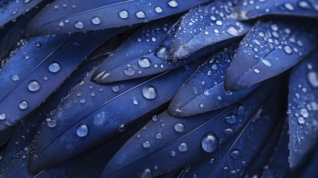 Close-up view of intricate, overlapping, deep-blue feathers covered in glistening water droplets