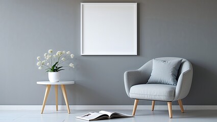 a minimalist interior design style featuring a cozy reading nook. The layout includes a plush, white armchair with rounded edges and wooden legs, positioned on a light wooden floor.