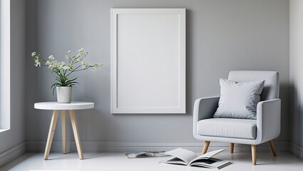 a minimalist interior design style featuring a cozy reading nook. The layout includes a plush, white armchair with rounded edges and wooden legs, positioned on a light wooden floor.