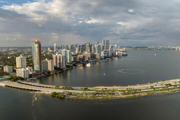 Obraz premium Aerial view of downtown office district of Miami Brickell in Florida, USA. High commercial and residential skyscraper buildings in modern American megapolis