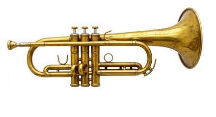 Well worn brass trumpet with a golden patina, showing signs of age such as tarnished spots and subtle scratches