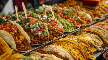 Fototapeta premium A large assortment of Mexican food, including tacos and burritos