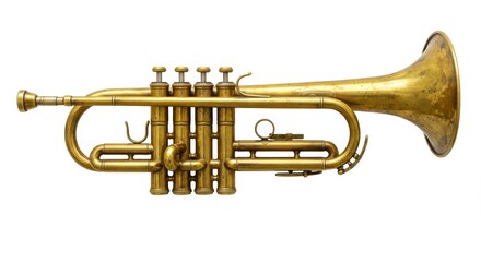 Well worn brass trumpet with a golden patina, showing signs of age such as tarnished spots and subtle scratches