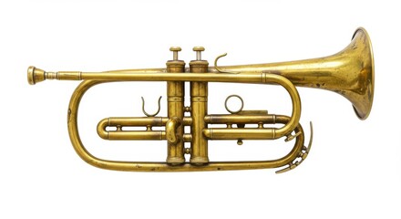 Well worn brass trumpet with a golden patina, showing signs of age such as tarnished spots and subtle scratches