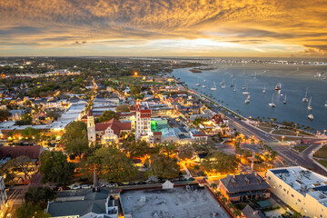 Aerial view of St. Augustine, old city in Florida. American architecture at night