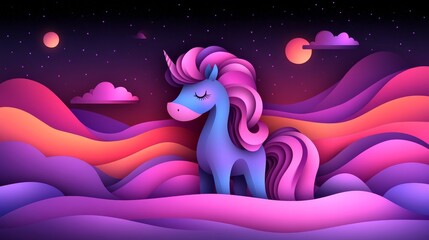 Obraz premium Pixelated unicorn on a dreamy landscape with colorful pastel hues stars and a moon creating a magical and whimsical atmosphere illustration