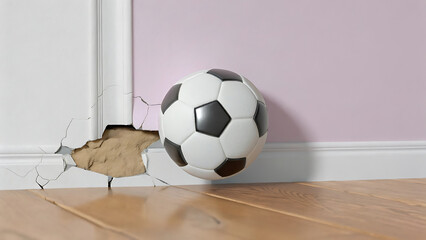 Soccer Ball Crashing Through Wall A 3D Render of Impact and Damage