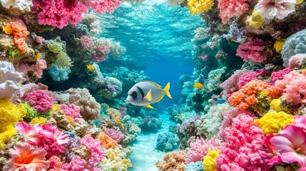 Obraz premium An Underwater Paradise Awaits Exploration Captivating Scenery Featuring a Fish Swimming Amidst Vibrant Coral Reef Ecosystems Breathtaking Marine Diversity