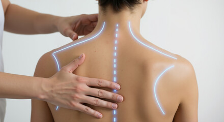Woman receiving back massage with glowing lines showing spine alignment and energy flow. Physiotherapy concept for posture improvement and pain management advertising medical services