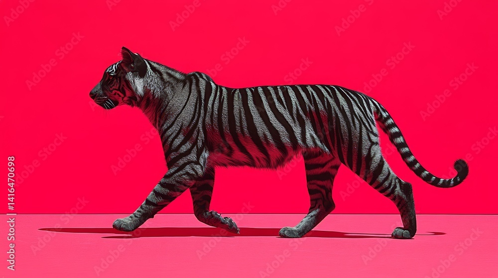 Aufkleber monochrome tiger figurine with striking striped pattern against a vibrant red backdrop creating a co