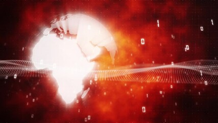 Abstract digital technology earth sphere on danger fire red loop animation background.