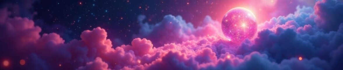 Ethereal orb drifting through shimmering cosmic mist, float, nebula clouds, space