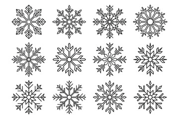 Set of snowflake line art vector icon illustration on white background.