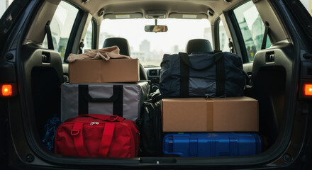 Car trunk filled with luggage including boxes, bags and suitcases ready for travel. Family road trip packing with various size containers for vacation transportation and moving belongings