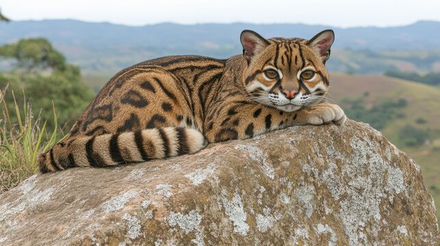 Portrait of the elusive kodkod cat also known as g&uuml;i&ntilde;a a wild predator relaxing on a sun dappled rock in its native habitat outdoors in nature