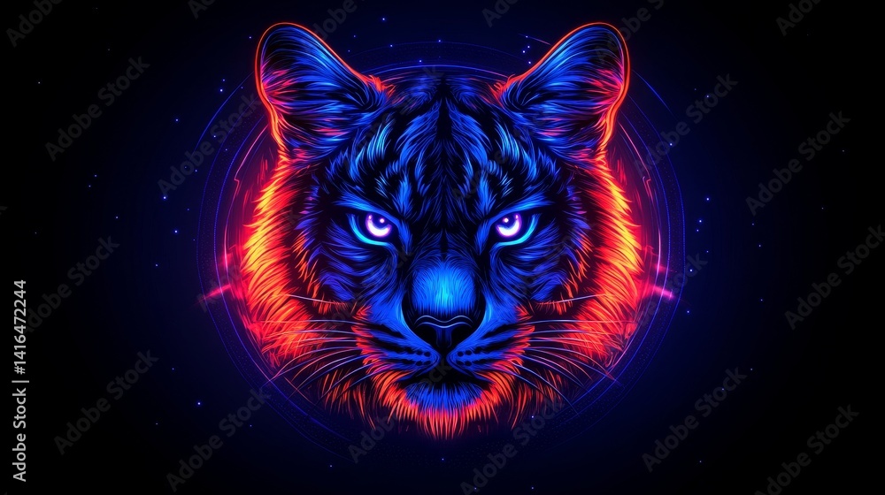 Poster electric predator a digital artwork displaying a captivating feline with neon lights outlining its f