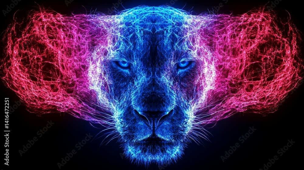 Poster abstract feline form constructed from shimmering particles evoking digital art and modern design wit