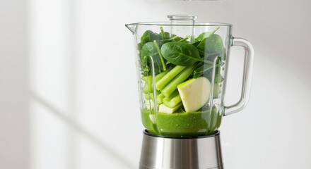 Glass blender with partially blended green smoothie containing spinach, celery, apple and green liquid. Electric kitchen appliance for healthy juice making and detox beverage preparation