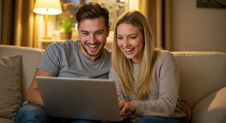 Young couple laughing while looking at laptop screen on beige sofa in evening living room. Shared entertainment moment for online content enjoyment and relationship bonding
