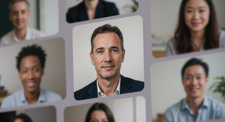 Virtual meeting screen with diverse business people in video conference grid layout. Remote team collaboration for corporate communication and global workforce management