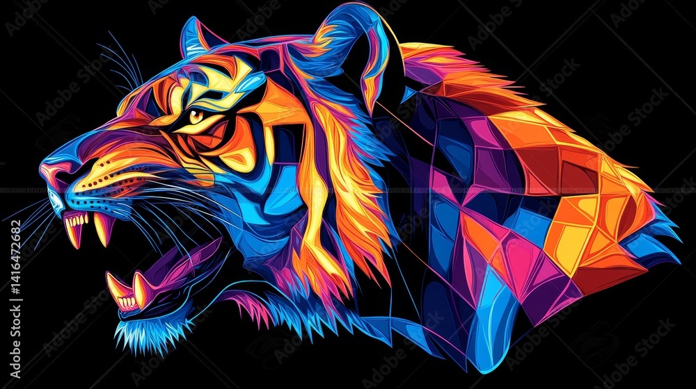 Aufkleber vibrant angular tiger head design with multifaceted color palette and aggressive display of teeth ag