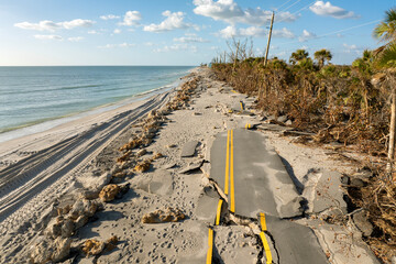 Hurricane storm surge destroyed waterfront road on ocean shore in Florida. Severe damage to...