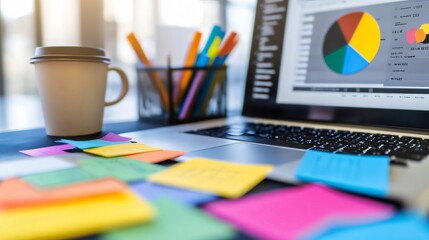 Analyzing Data with Laptop and Coffee Cup Surrounded by Notes