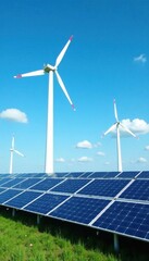 Solar panels and wind turbines generating electricity in a power station with blue sky background , renewable energy, power station, clean energy
