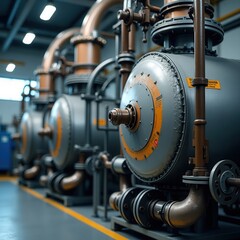 Fototapeta premium High-resolution stock photo of a large-scale industrial coal tar distillation process in a commercial setting, lit by bright overhead lighting, with a focus on the complex network of pipes, valves,