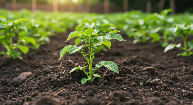 Young potato plant seedling growing in rich soil with green leaves. Organic farming at early growth stage. Agricultural cultivation for vegetable crop production and sustainable gardening