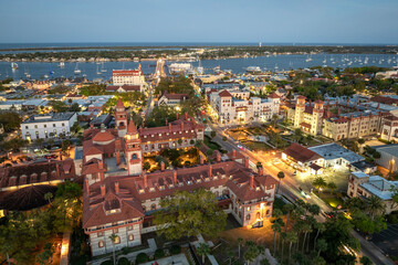 Old town America architecture. Aerial view of Flagler College campus in St. Augustine city in Florida at night