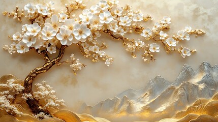 3D wallpaper background of golden flowers on beige silk, elegant and luxurious wall mural for the interior design of a bedroom or living room.
