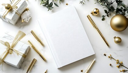 Festive with White Notepad, Gold Pens, Gifts on Marble Texture, TopDown View
