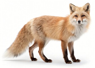 Fototapeta premium Majestic Red Fox Standing Profile View Fluffy Tail Wild Animal Isolated on White Background