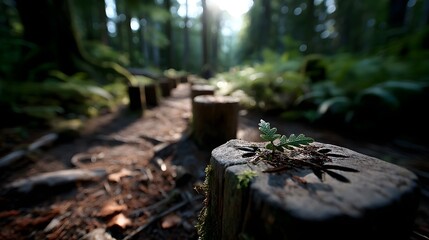 Sunlit forest trail with carved wooden markers