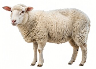 Fluffy White Sheep Standing Isolated on White Background Farm Animal Photography