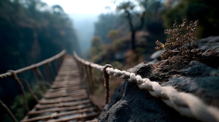 Scenic trekking trail by a hidden gorge with handmade rope ladders connecting the cliffs.