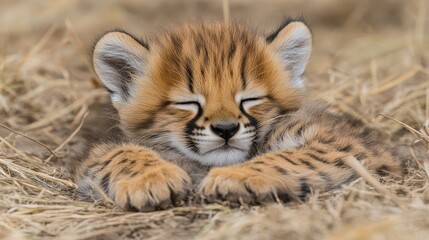 Tiny cheetah cub rests peacefully amidst golden savannah grasses a tranquil wildlife scene capturing the vulnerability and charm of a baby predator feline beauty