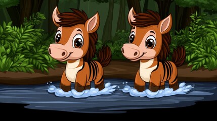 Pixelated ponies in a stream whimsical fantasy illustration cartoon character animal game sprite design friendly creature digital art adventure