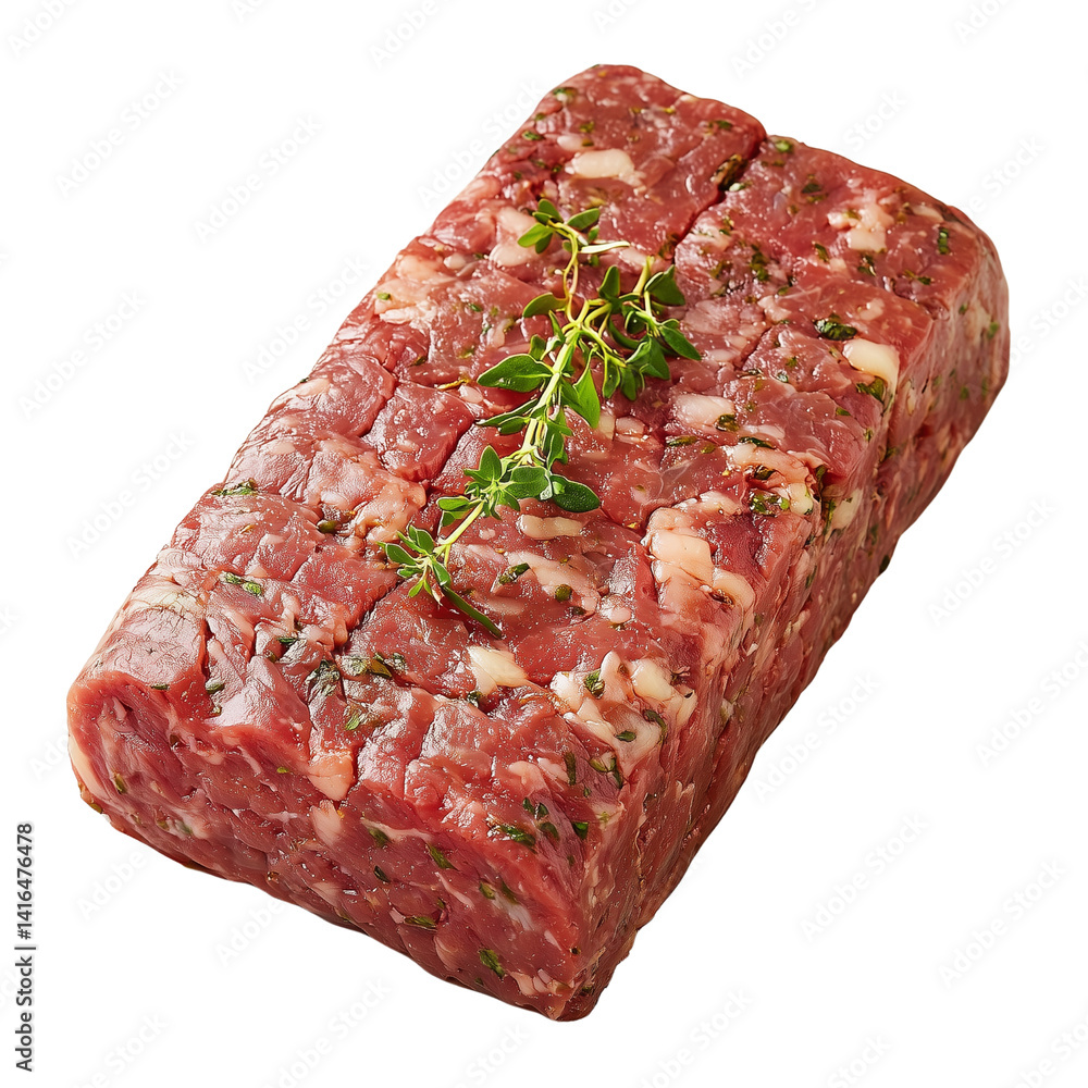 Poster a rectangular block of raw meat garnished with fresh thyme, presented isolated on white background a